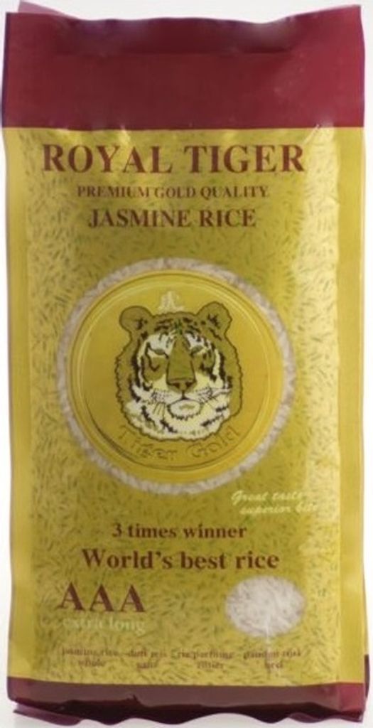 A bag of Royal Tiger Jasmine Rice.
