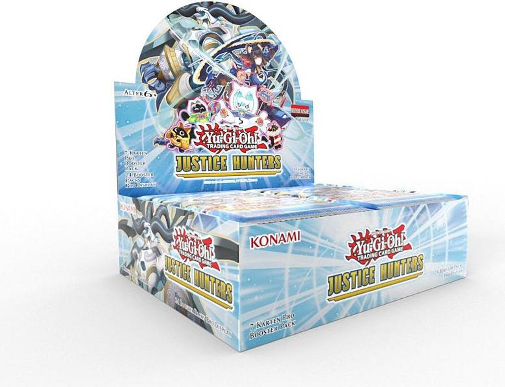 A display box of Yu-Gi-Oh! TRADING CARD GAME Justice Hunters booster packs, shown from a slightly elevated side angle against a white background.
