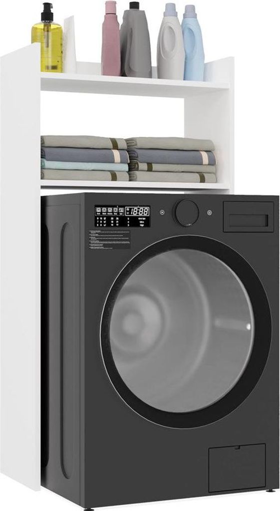Mattweißer Badezimmerschrank NINA NP mit Regalen für die Waschmaschine | Farbe: Mattweiß | 64x126x30 cm