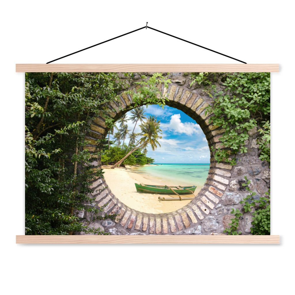 MuchoWow Textilposter Strand - Palme - Aussicht - Kanu 120x80 cm mit holzfarbenen Rahmen - Aufhängeset