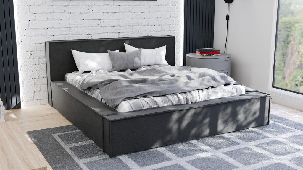 Polsterbett Doppelbett ALDANA 200x200cm Komplettset in Stoff Freya Schwarz