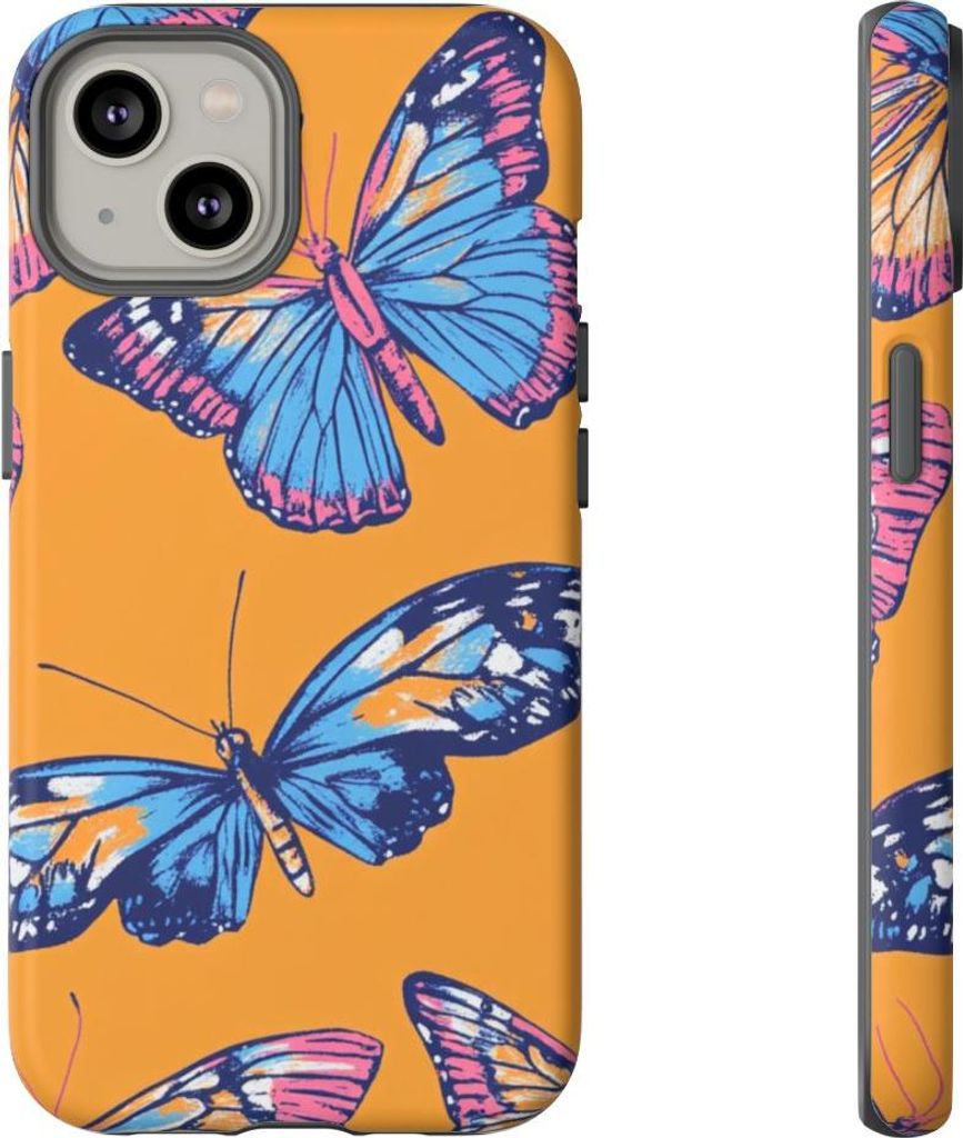 Blaue und pinke Schmetterlinge auf orangem Hintergrund – Hülle Kompatibel mit iPhone 14
