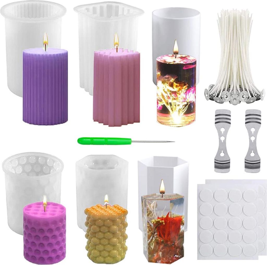 6er Set Silikon Kerzenform DIY, 3D Silikon Kerzen Gießform, inklusive Docht & Zubehör, runde & sechseckige Formen für Kerzen, Seife, Resin