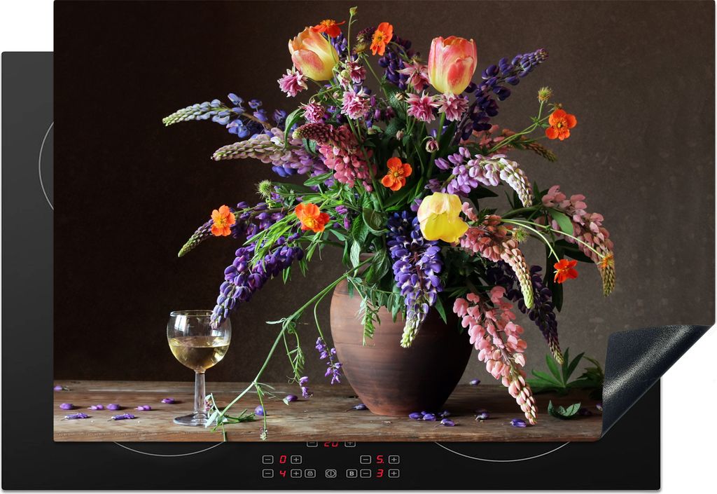 KitchenYeah Herdabdeckplatte Stilleben - Wein - Blumen , 78x52cm, Küche Deko, Glaskeramikfeld Herdabdeckung, Abdeckplatte fùr Kochfeld