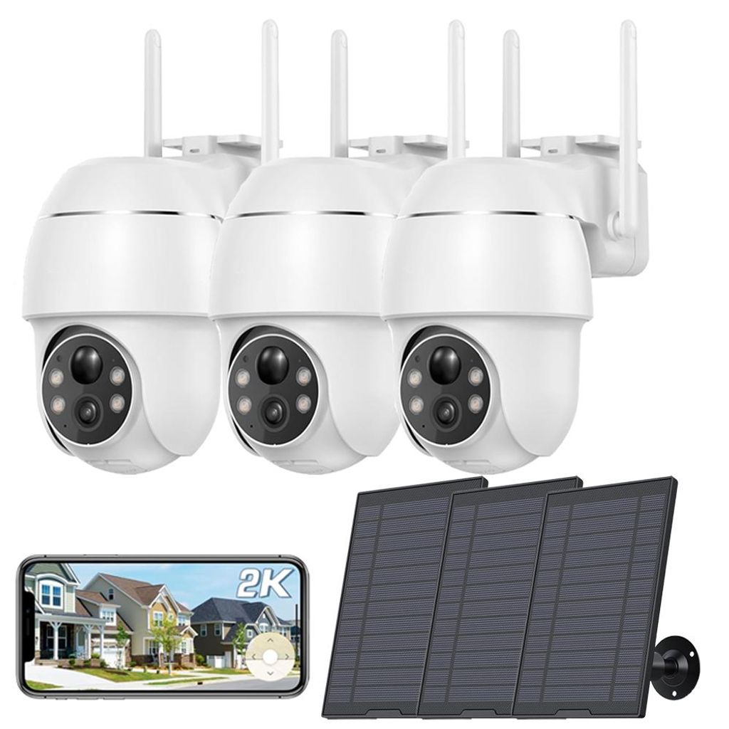 3 Stück 2K Solar Überwachungskamera Aussen 355°/90° Schwenkbar Aussenkamera Akku Farbnachtsicht Personen-/Bewegungserkennung Kabellose WLAN IP ...