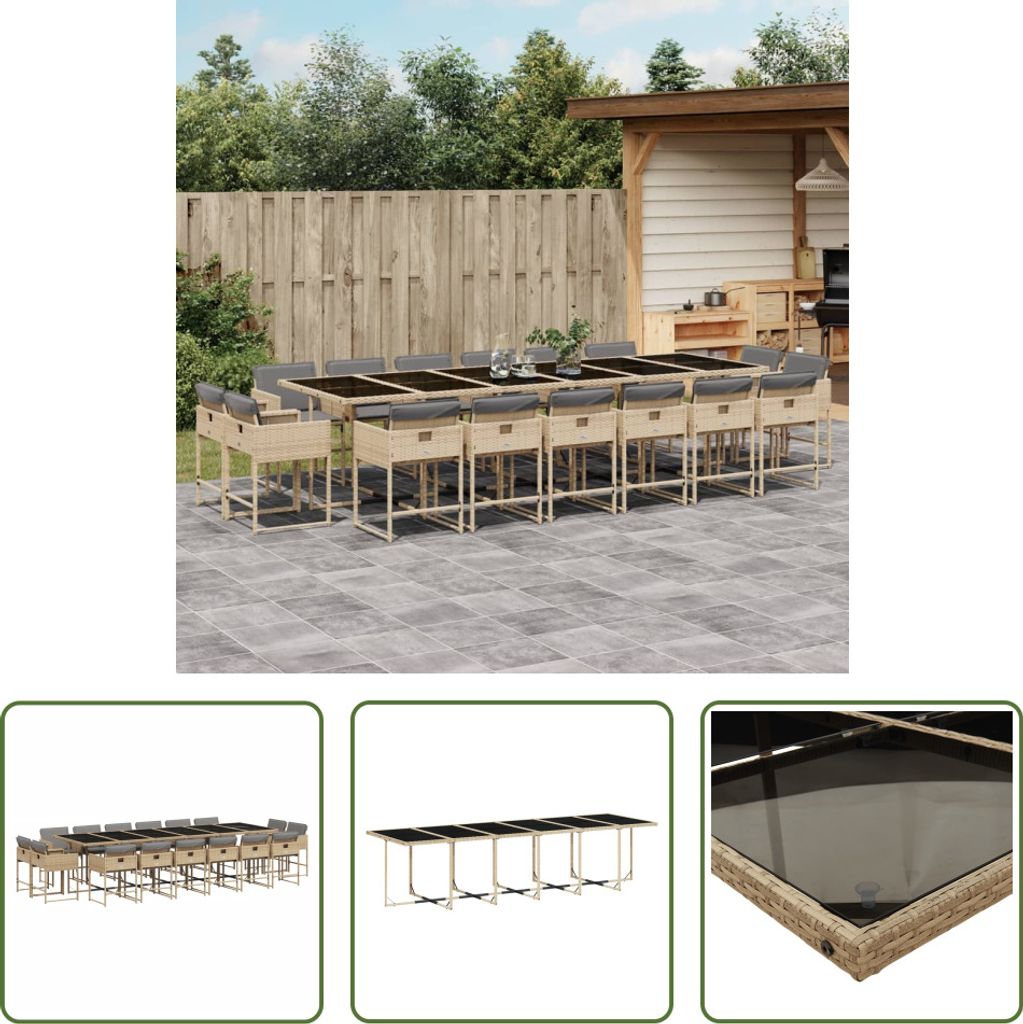 The Living Store 17-tlg. Garten-Essgruppe mit Kissen Beigemischung Poly Rattan