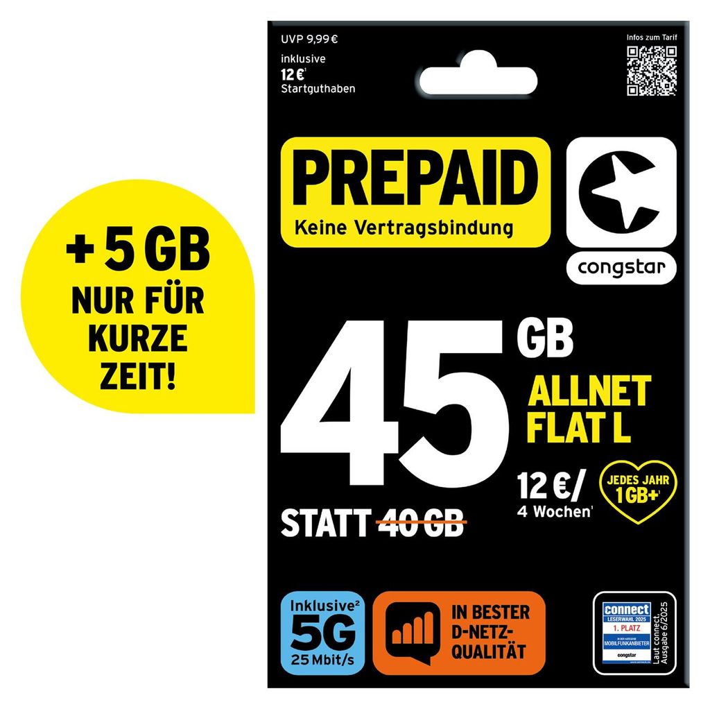 congstar Prepaid Allnet L: 45 statt 40 GB Datenvolumen & Flatrate für Telefonie und SMS, 5G-Speed, EU-Roaming