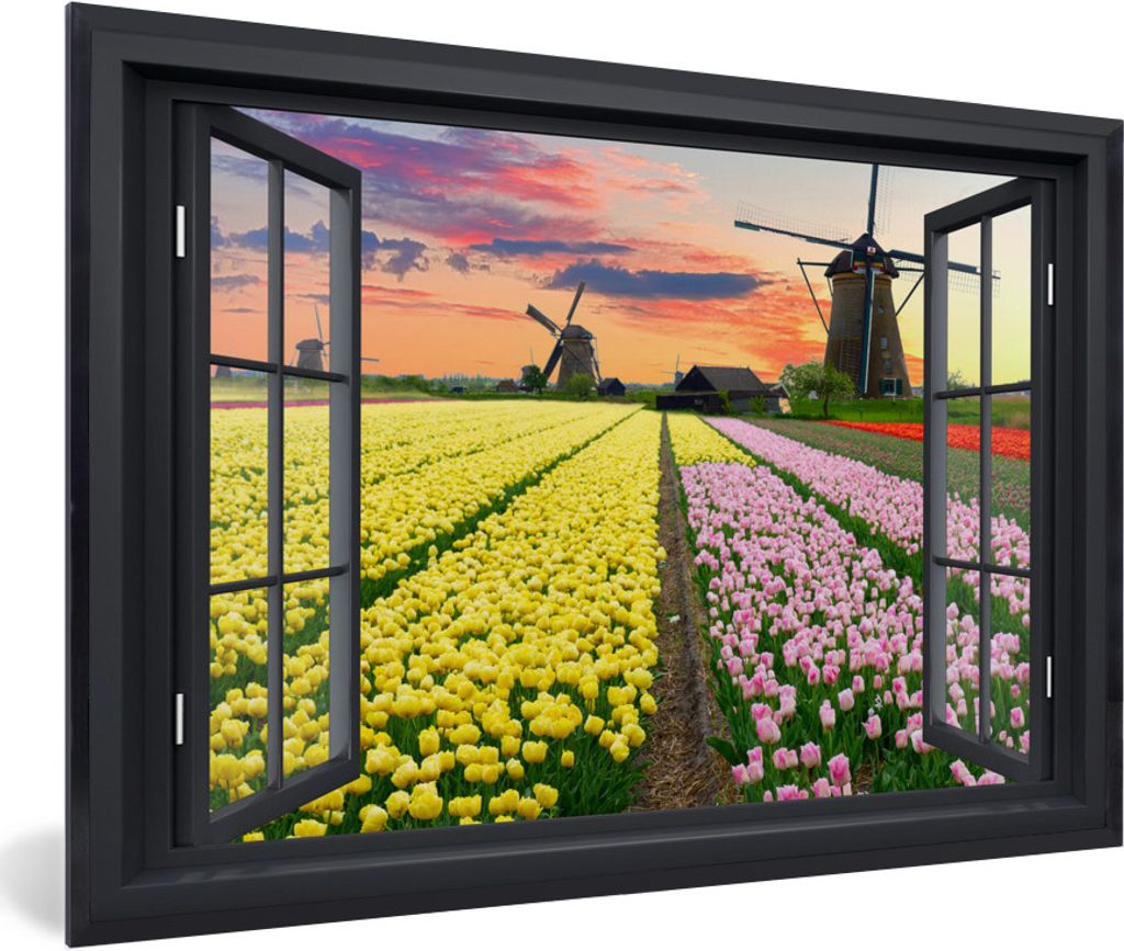 MuchoWow MuchoWow Gerahmtes Poster Aussicht - Tulpen - Sonnenuntergang 60x40 cm - Poster mit zchwarzem Bilderrahmen - Printing - Wanddeko Schla...