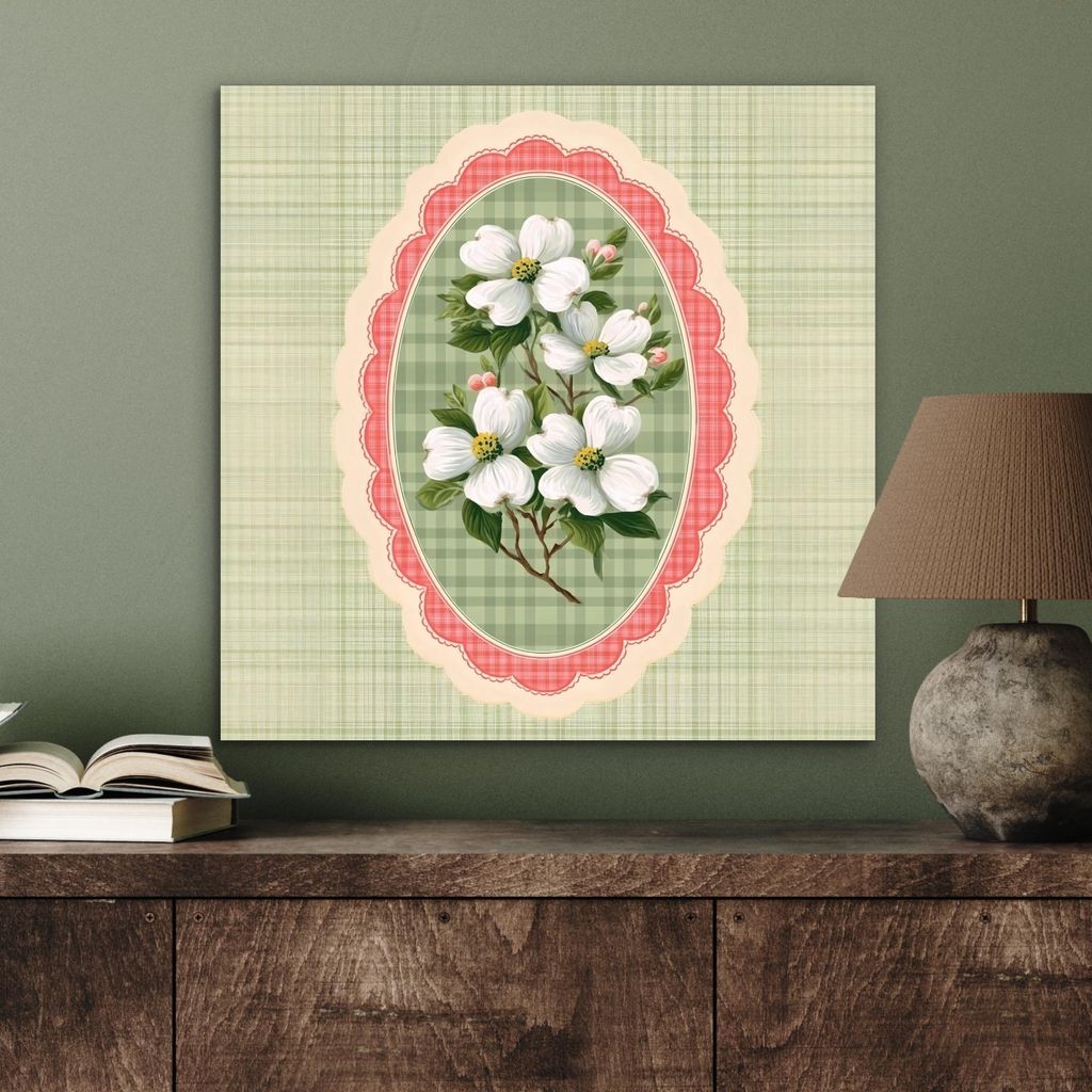 MuchoWow Wanddekoration Metall Metallbild Wandkunst 50x50 cm Blumen - Illustration - Kariert - Grün MuchoWow Aluminium Gemälde - Alubild - Indust...