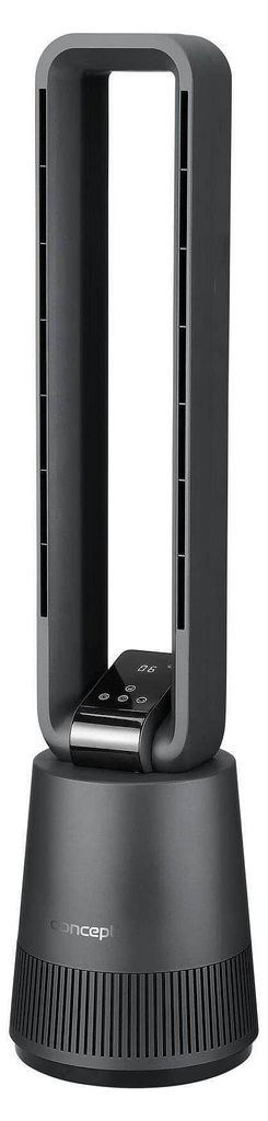 A modern gray tower fan with a remote control docked at its base.