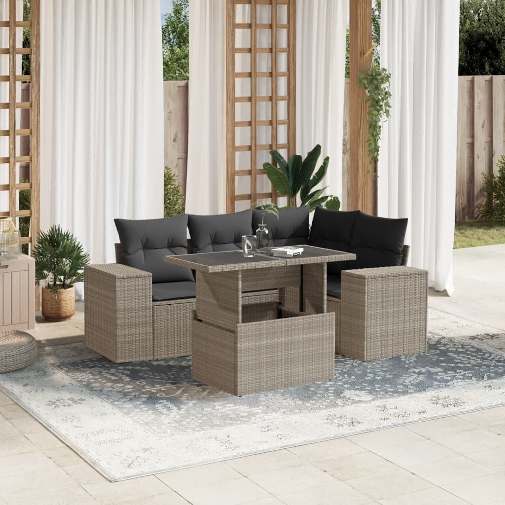 "Rabatt" 5-tlg. Garten-Sofagarnitur - mit sofa - mit Kissen Hellgrau Poly Rattan - Lounge-Dining set CC10512