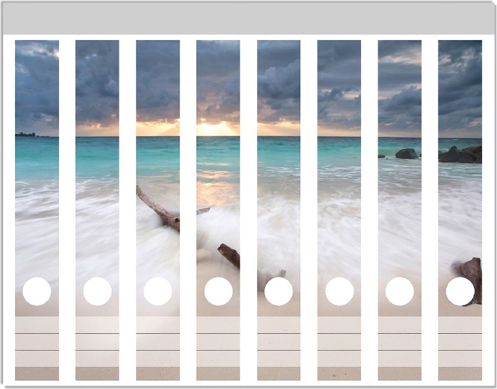 Wallario Ordnerrücken Sticker, selbstklebend für schmale Ordner, 8 Stück, Motiv Wellen am Strand bei Sonnenuntergang