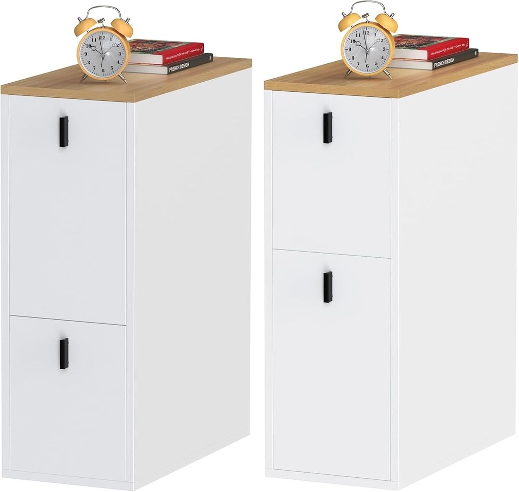 2x Beistelltisch mit 2 Schublade,Nachttisch schmal Nachtschrank,Sofatisch Couchtisch für Schlafzimmer, Wohnzimmer 25x50x70cm Weiß+holzfarbe