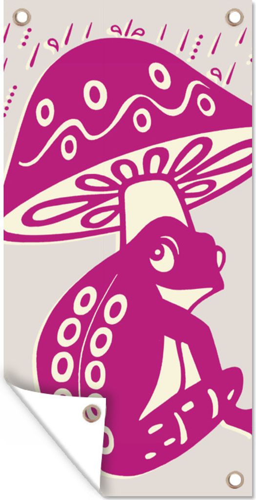 MuchoWow 80x160 cm Outdoor-Poster Gartendeko Sichtschutz Garten Poster für den Garten Frosch - Pilz - Rosa