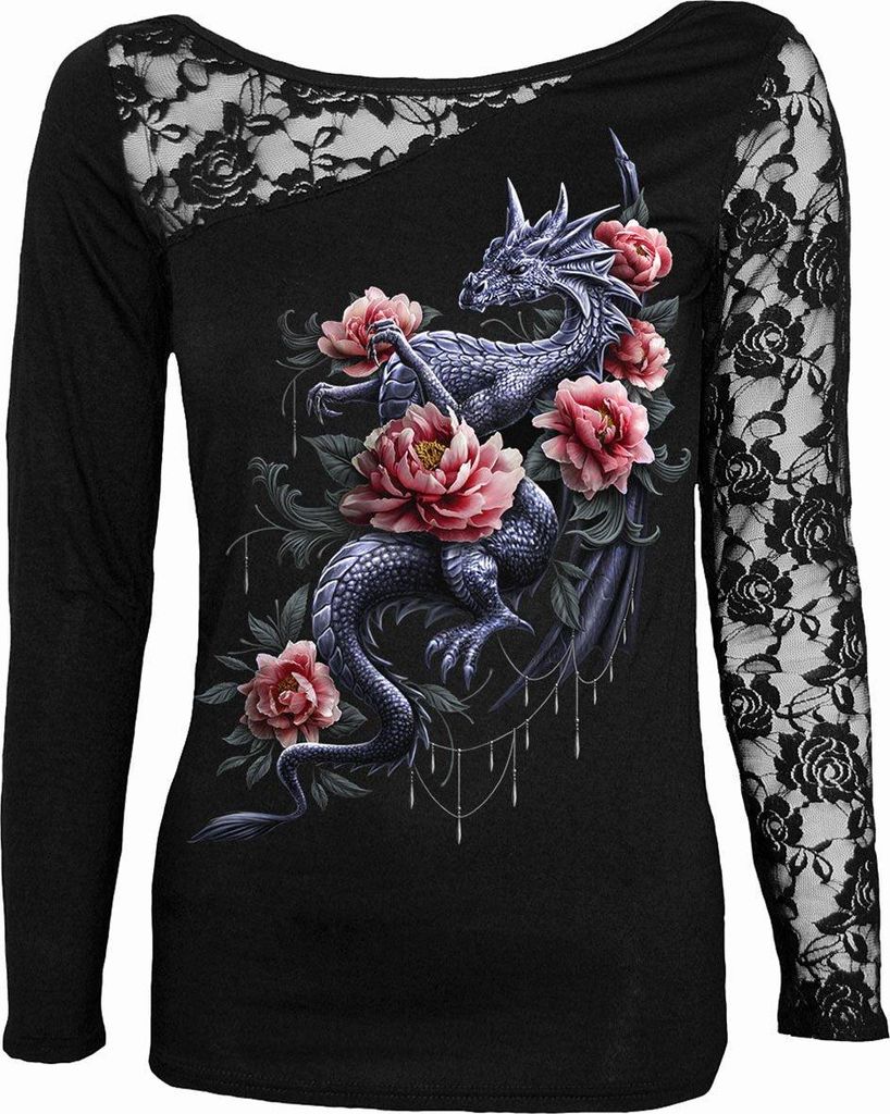 Spiral - Dragon Rose Slant - Spitze One Shoulder Top Schwarz