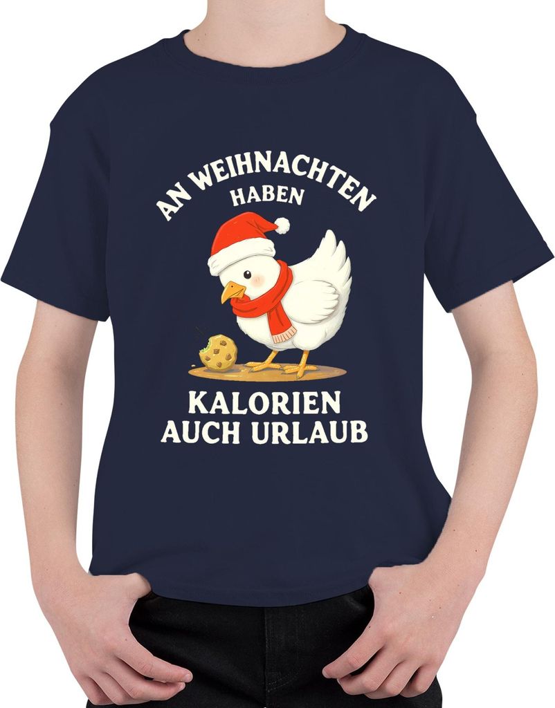 Weihnachten Geschenk Kalorien haben Urlaub Huhn Keks lustig Uni Kinder T-Shirt, Navy, 104