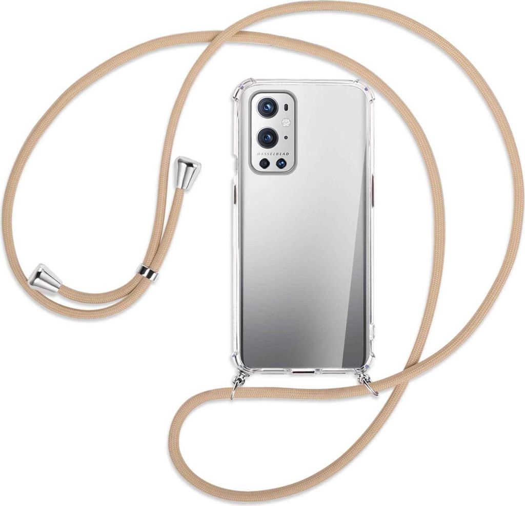 Handykette Backcover-Schutzhülle mit Band (Metall silberfarben) für OnePlus 9 - beige