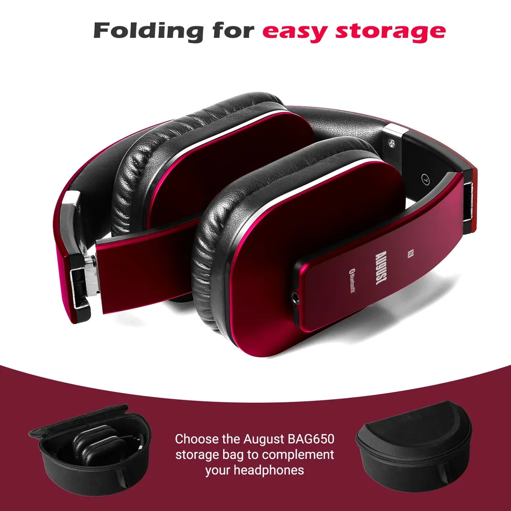 August EP650R Casque Bluetooth NFC rouge avec micro intégré et basses