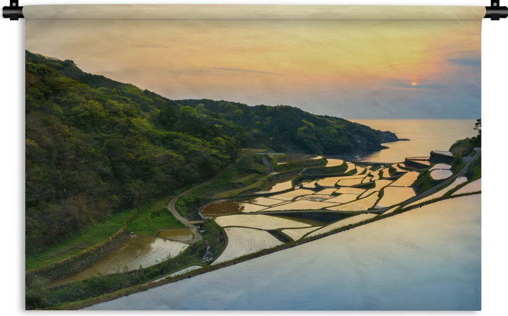 MuchoWow Wandteppich Wandbehang Wunderschöner Sonnenuntergang beleuchtet Chinas Reisfelder 90x60 cm Tapisserie Dekoration Wandtuch - Wandskulptu...