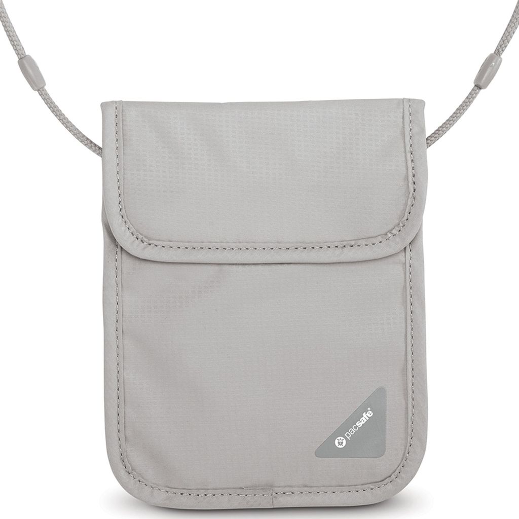 A light gray neck pouch with a strap.