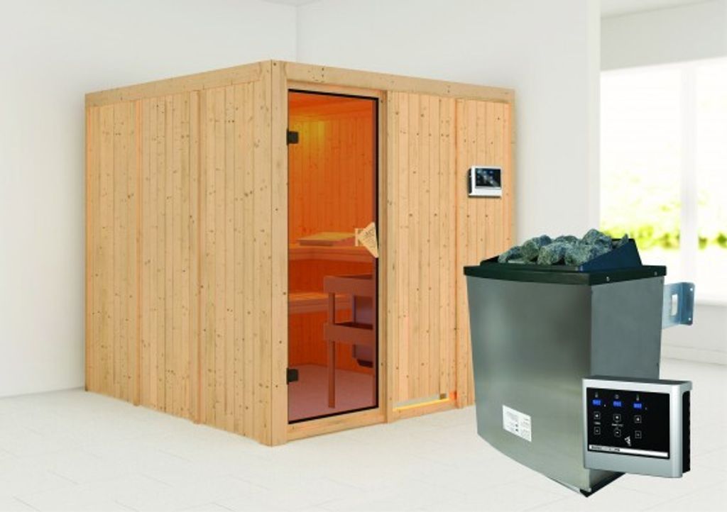 Karibu Sauna Innensauna Rodin Fronteinstieg Ofen 9 KW externe Strg easy 196x196x198 cm ohne Dachkranz mit Bronzierte Tür