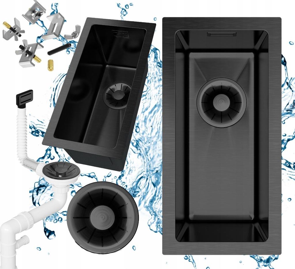 Granitan | Stahlspüle - Spülbecken 1-Kammer - 43,8 x21,8 cm - Rechteckig - Schwarz - mit Siphon - Bari
