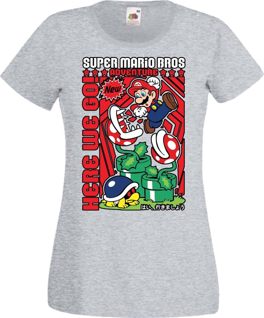 Damen T-Shirt Anime Manga Game Mario Fun Bros, Lady 2XL / Grau