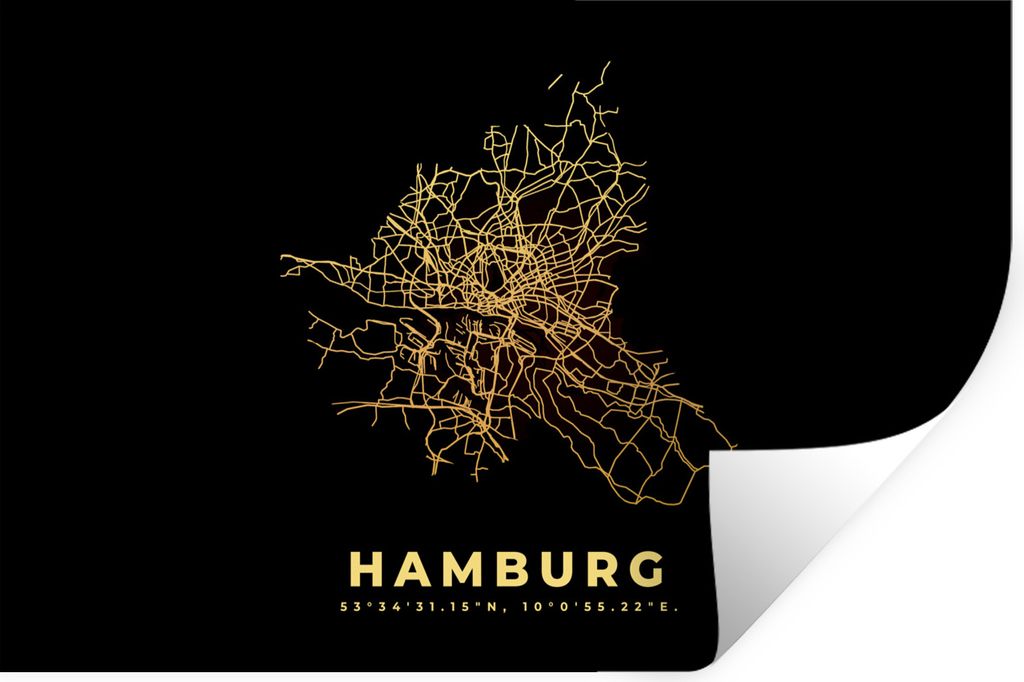 MuchoWow Wandtattoo Wandsticker Wandaufkleber Hamburg - Karte - Gold - Stadtplan 30x20 cm Selbstklebend und Repositionierbar - Wierderverwendbar ...