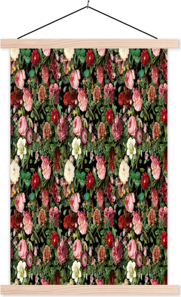 MuchoWow Textilposter Blumen - Rosen - Muster 40x60 cm mit holzfarbenen Rahmen - Poster