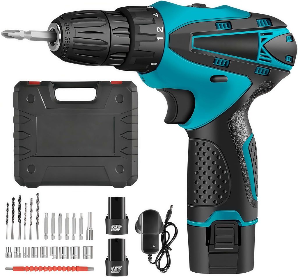 A cordless drill set with accessories laid out on a white background.