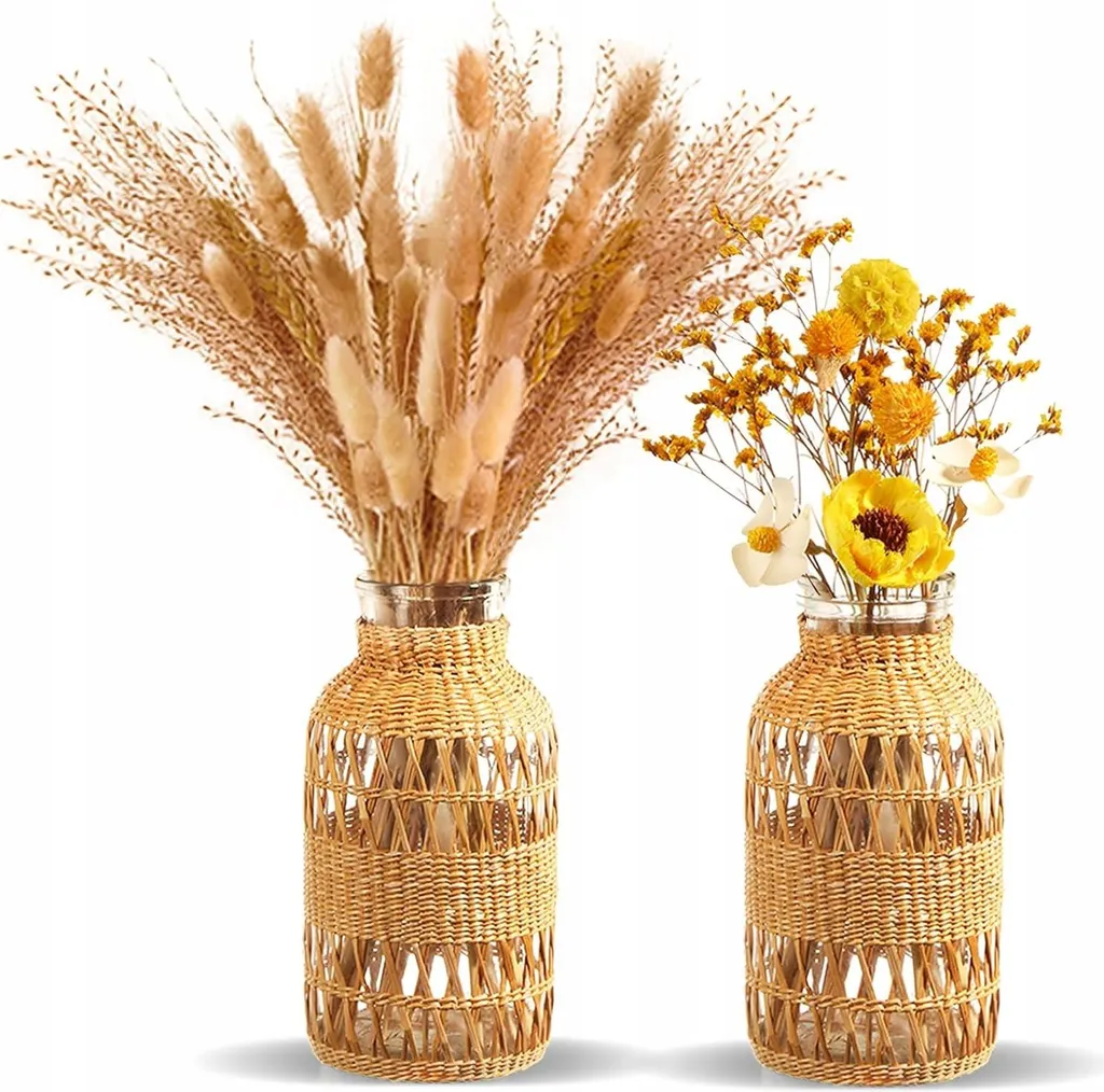 Vase en verre et rotin pour bouquet séché et décoration salon cosy
