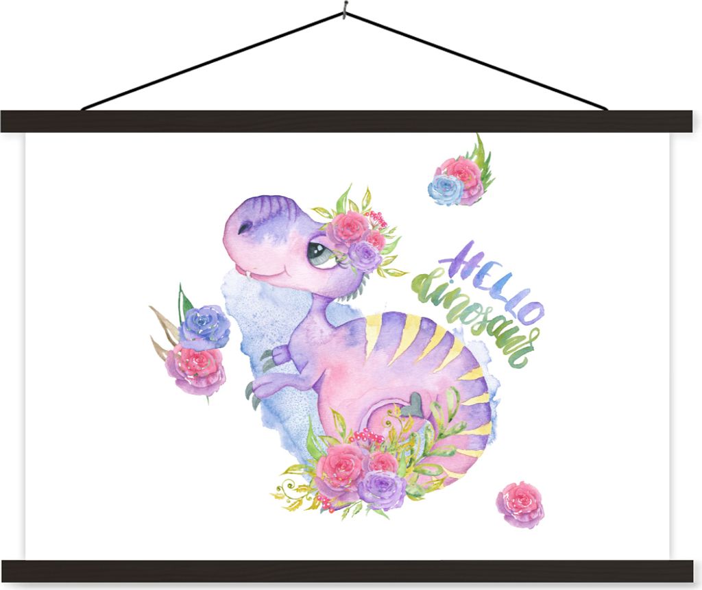 MuchoWow Textilposter Dinosaurier - Kinderzimmer - Aquarell - Mädchen - Kinder - Rosa 90x60 cm mit schwarzem Rahmen - Aufhängungssatz