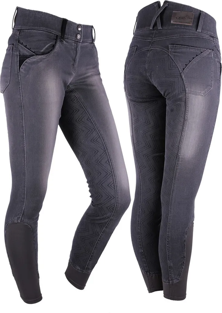 QHP Reithose Noa Full-Grip Denim Gris Taille 34 - Pantalon Équitation