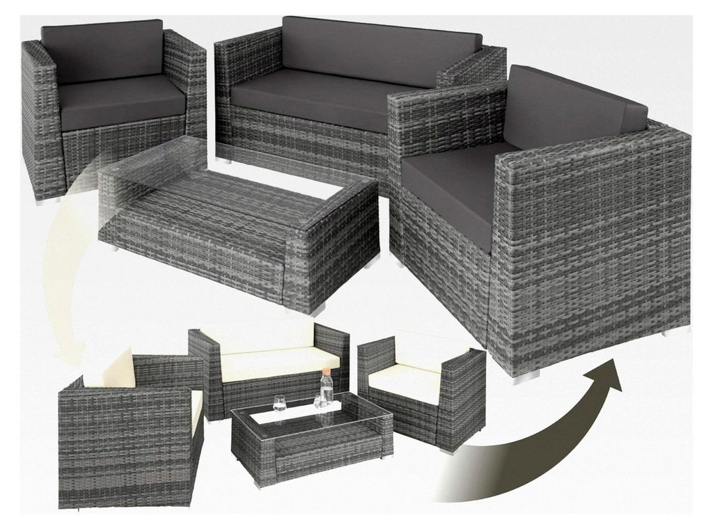 Poly Rattan Aluminium Garten Lounge Set wetterfest, Sofa Tisch mit Glasplatte, Loungemöbel mit 2 Bezugsets, 4 Kissen, Möbel Set mit Couch, Sessel...