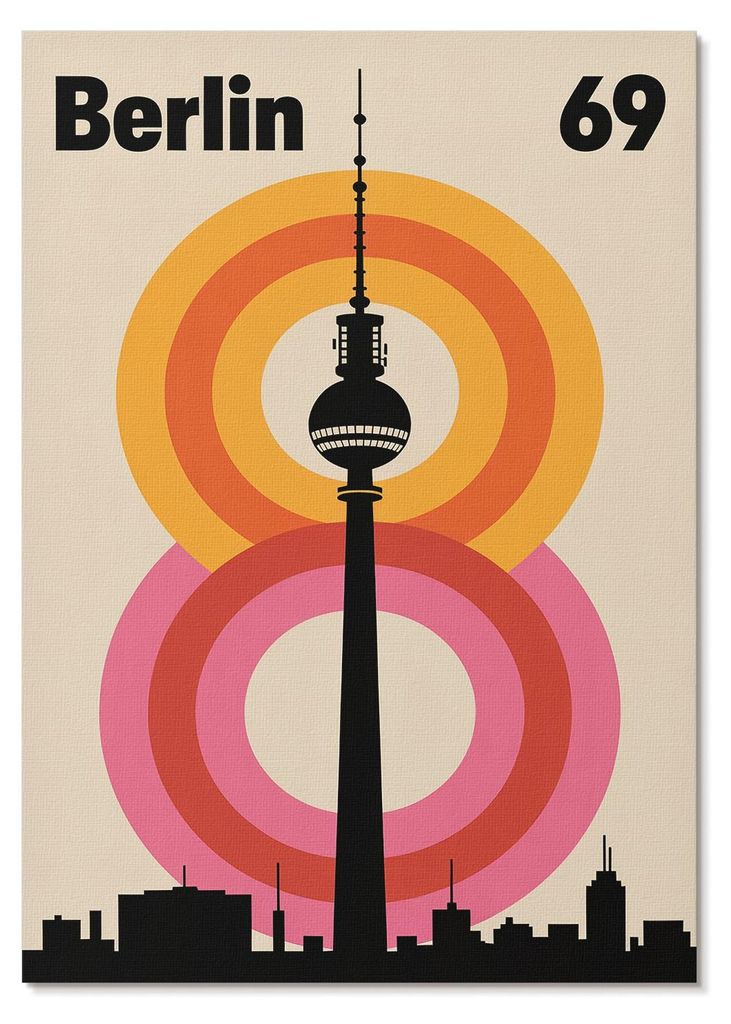 POSTER - 21x29 cm (A4) - Urban Shape - Retro-Atmosphäre Turm Kreis bunte Ringe - Wandbild für Wohnzimmer Schlafzimmer & Flur, Modernes Poster Wan...