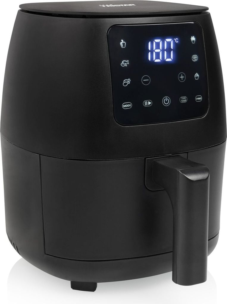 A black Tristar air fryer with a digital display is shown against a white background.