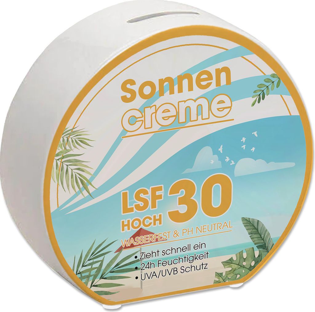 Spardose mit Sonnencreme Motiv - Für Urlauber die auf den Sommerurlaub sparen
