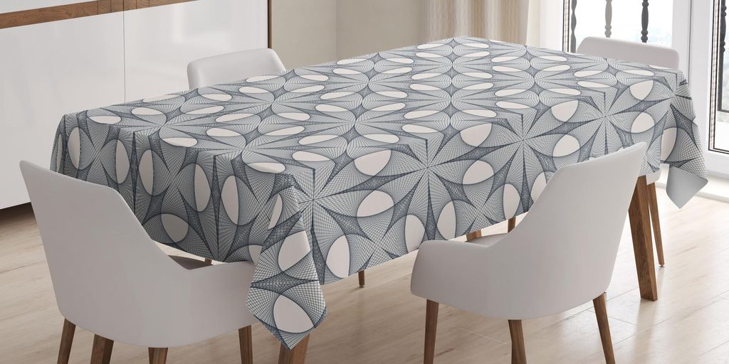 ABAKUHAUS Geometrisch Tischdecke, Eckige Formen mit Streifen Monochrome Illustration Zier-Linie Kunst, 140 x 240 cm, Elfenbein und Schwarz