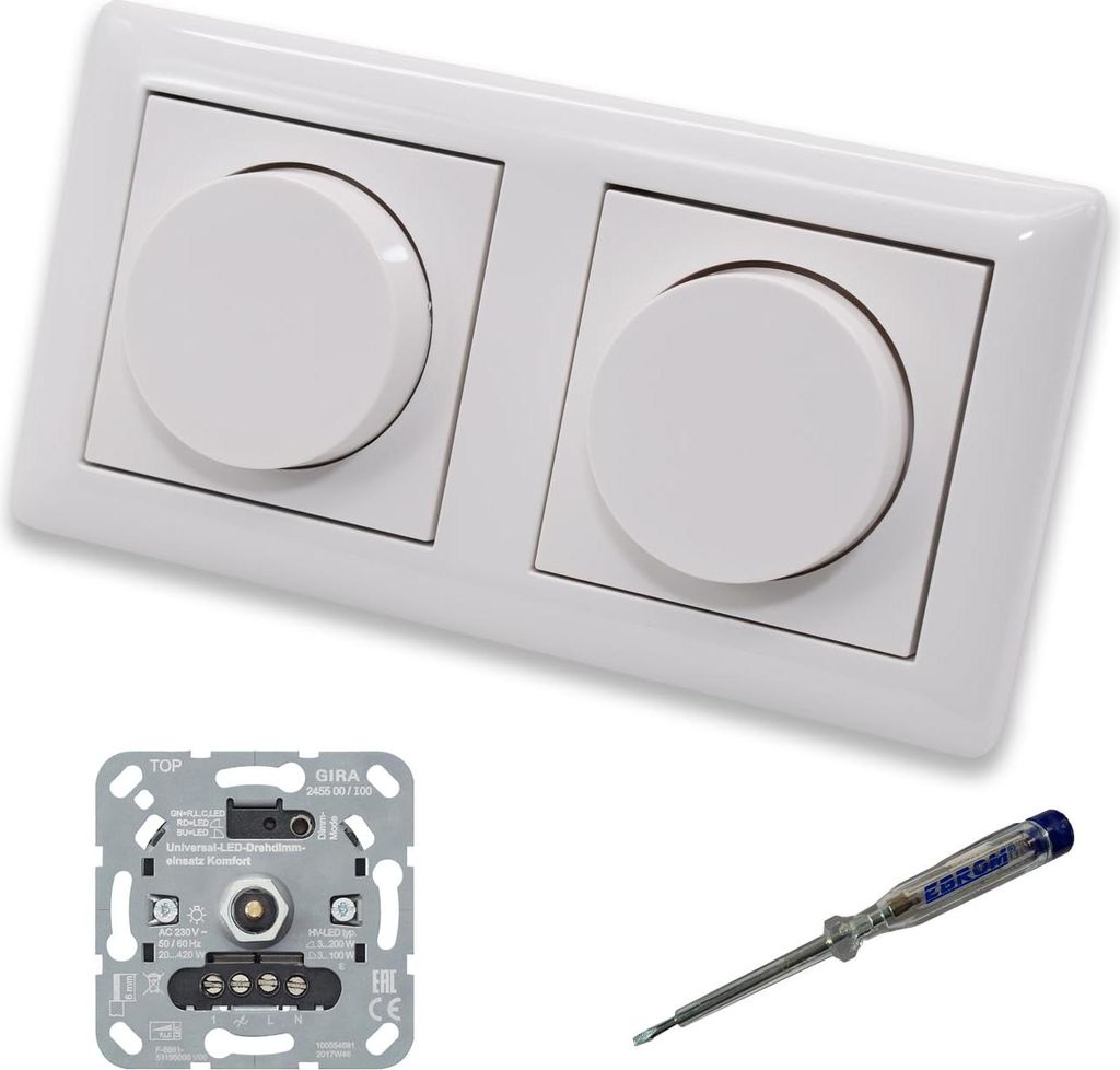 GIRA 245500 (2 Stück) LED Drehdimmer Dimmer + Dimmerscheiben Zentralscheiben 065003 in System55 reinweiß glänzend im 2-fach Rahmen inkl. EBROM P...