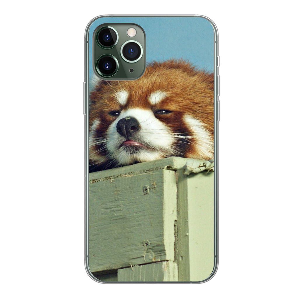 MuchoWow Handyhülle Schutzhülle Hülle für iPhone 11 Pro Panda - Holz - Rot Silikon Softcase Handy Hülle - Handy