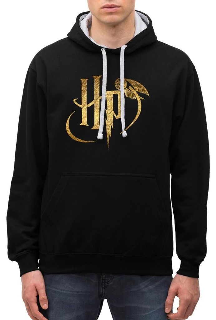 Spreadshirt Harry Potter HP Logo Uni Kontrast Hoodie, XL, Schwarz/Grau meliert
