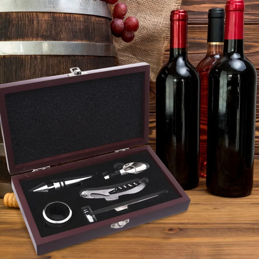 Set Regalo Vino 6 Pezzi In Ecopelle, Cavatappi Sommelier, Tappo, Termometro, Versatore, Antigoccia, Accessori Da Vino In Acciaio Inox
