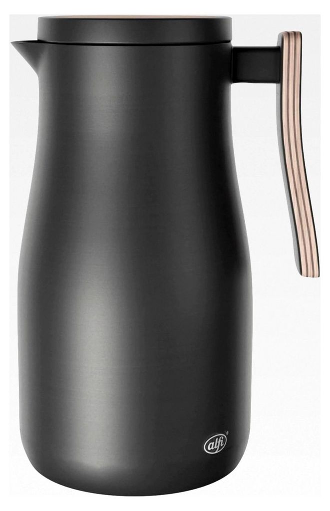 Isolierkanne 1,0l, schwarz matt mit Holzelementen, doppelwandiger Edelstahl, hält 12 Stunden warm, 24 Stunden kalt, Drehverschluss, große Öffnun...