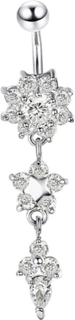 Lady Strass Blume Edelstahl Bauchnabel Nabel Ring Piercing Schmuck-Silber + Weiß