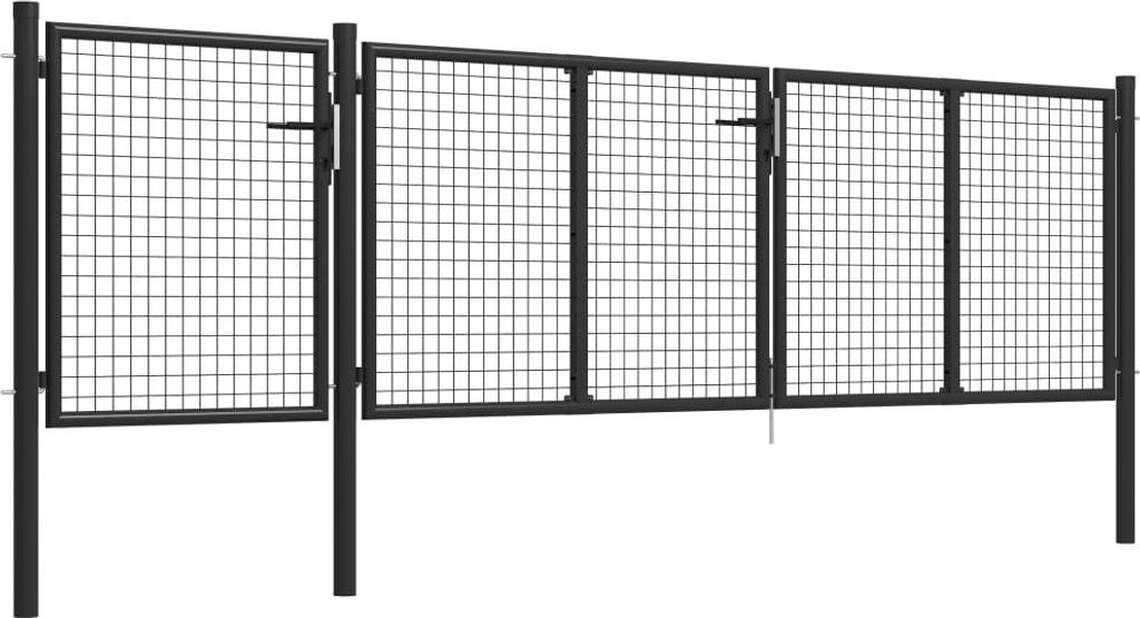 A black metal garden gate with a mesh infill, shown in three connected sections.