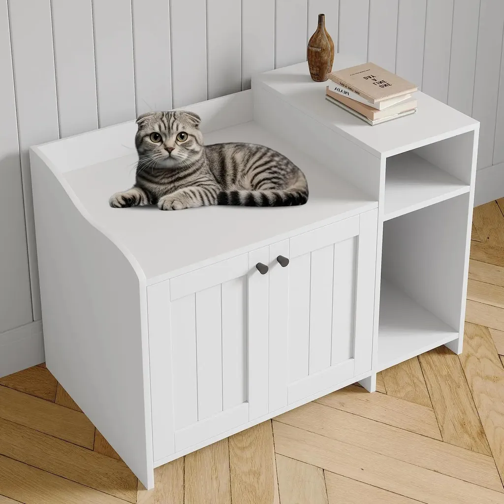 Armoire cache-litière pour chat en bois blanc avec étagère de rangement