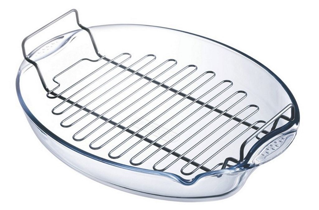 Pyrex Ovale Ofenplatte aus Glas 39x27 cm + Grillrost - Irresistible, Auflaufform, Oval, Glas, Edelstahl, Edelstahl, Transparent, -40 - 350 °C, 4 l