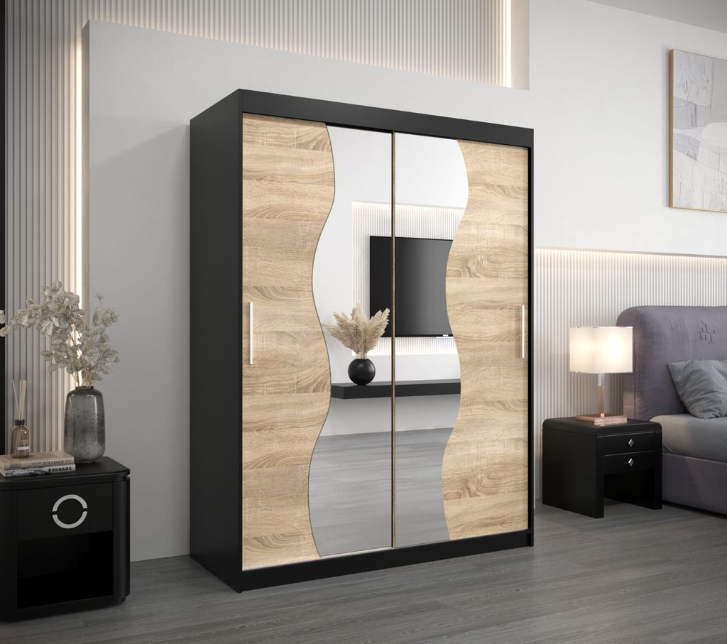 Kleiderschrank mit Spiegeln ULRIKA – Breite 150 cm, schwarz/Sonoma-Eiche