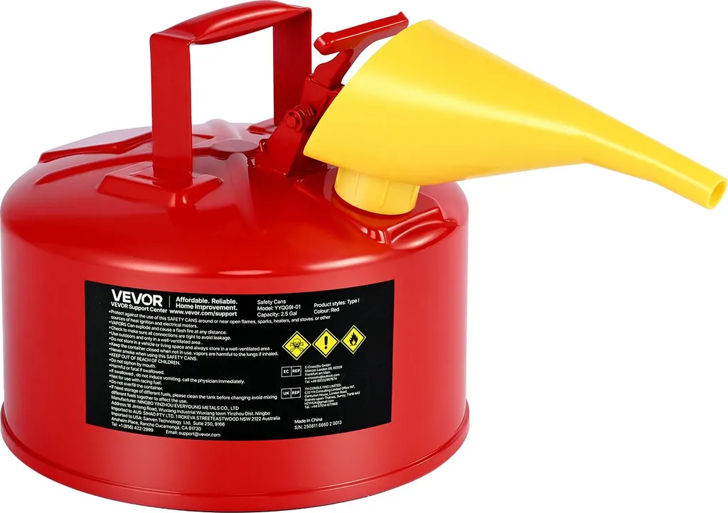 Tanica di sicurezza VEVOR, 9,5 L tipo I, contenitore di sicurezza rosso per benzina con parafiamma in acciaio inox, coperchio autochiudente e imbuto in PE, contenitore per sostanze infiammabili, rosso - 1