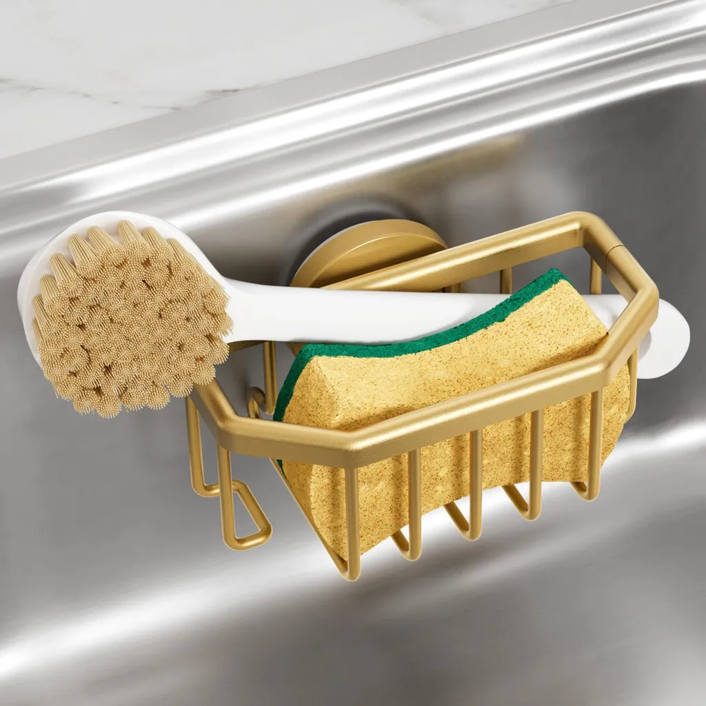 Rangement évier cuisine pour éponge et brosse support doré à ventouse